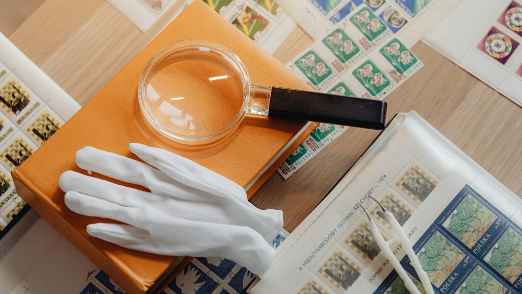 Magnifying Glass, white Gloves, collector, stamp Magnifying Glass, white Gloves, collector, stamp